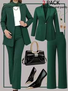 Plus Size Women's Casual 2-Piece Set, Elegant Plus Size Professional Suit With Button Detail, Regular Sleeve Blazer And Pants, Suitable For Business, Office, Exhibitions, Formal Meetings - Dark Green - View 3