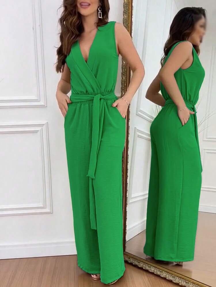 Women's Solid Color V-Neck Waist Tie Design Ruched Casual Everyday Commute Wide Leg Jumpsuit Summer Elegant - Green - View 5