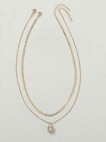 Nooxian 2件套多层镀金时尚设计微镶嵌立方氧化锆吊坠铜珠链项链套装，女士珠宝 - 金黃色 - 查看 3