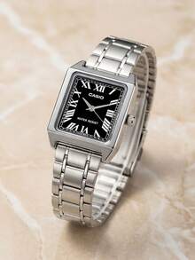 Casio STANDARD Series Business Minimalist Elegant Roman Numeral Quartz Movement Stainless Steel Strap Japanese/Korean Style Ladies Watch, Black Dial LTP-V007D-1B - Silver - View 1