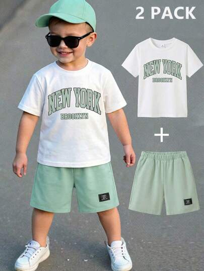 2pcs Xiyun Kids Fashion Set, Classic New York Letter Retro Pattern, Stylish Toddler Street Style, Suitable For Casual And Commute