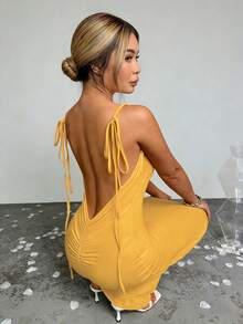 女士纯色露背吊带长裙，优雅鱼尾下摆无袖修身长裙，适合度假、约会、日常穿着、派对、夜店等各种场合，节日庆典，春夏女士长裙，黄色长裙 - Butter Yellow - 查看 8