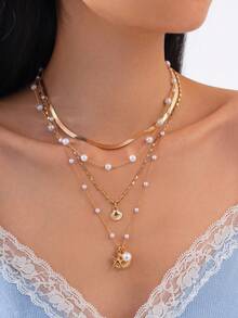 4pcs/Set Ocean Holiday Geometric Fine Chain Faux Pearl Beaded Flat Snake Chain Starfish Scallop Pendant Necklace, Elegant Luxury, Suitable For Wedding, Party, Beach, Casual, Street Style, Women & Couples, Holiday & Birthday Gift - Gold - View 3