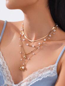 4pcs/Set Ocean Holiday Geometric Fine Chain Faux Pearl Beaded Flat Snake Chain Starfish Scallop Pendant Necklace, Elegant Luxury, Suitable For Wedding, Party, Beach, Casual, Street Style, Women & Couples, Holiday & Birthday Gift - Gold - View 9