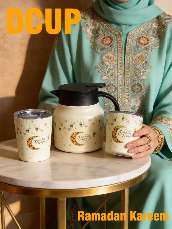 1 فانوس قمر وكوكب ذهبي، إبريق شاي/قهوة من الفولاذ المقاوم للصدأ مزدوج الجدار بسعة 800 مل مع منقي شاي، مناسب لمناسبات رمضان والمطاعم والأماكن الخارجية والمنزل وغيرها