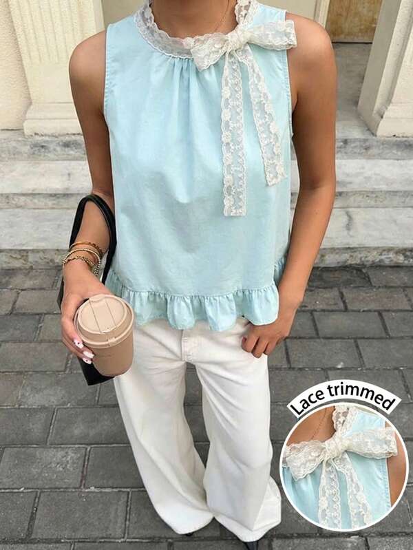 2026 Spring/Summer New Fashionable Sweet French Romantic Lace Tie Bow Sleeveless Blouse With Ruffled Hem, Spring Break, Women's Valentine's Day, Summer Holiday, Y2K Style Women's , Beach Wear, Wedding, Women's Birthday, Elegant Top, Y2K, Millennium Style