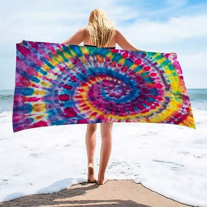 超细纤维热带扎染沙滩巾 - 速干、防沙、超强吸水针织面料，250克/平方米，海岸主题，适合游泳、冲浪和户外活动的旅行毛巾