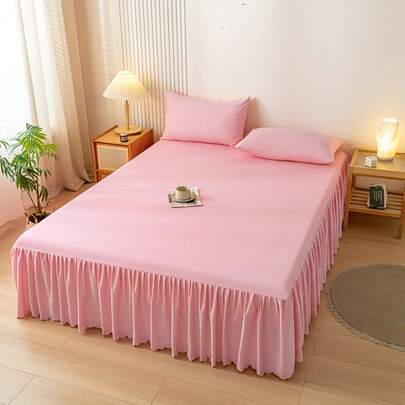 1 st. rosa tvättad bomullsspets sängkjol med elastisk midja, högsta komfort, antibakteriell, hudvänlig, lämplig för sovrum, gästrum, sovsal, alla årstider