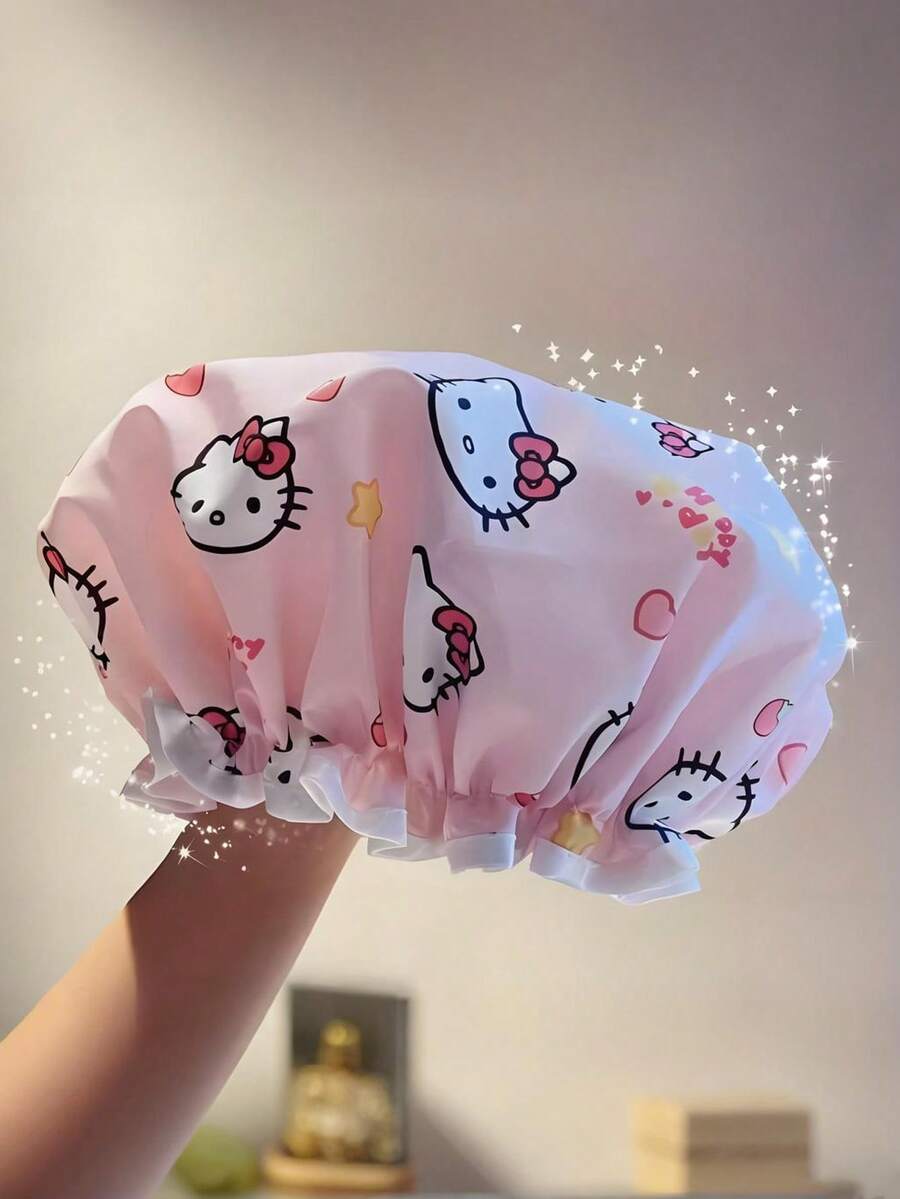 Sanrio 1pc Cat-Shaped Shower Cap - High Quality Double-Layer Design With Cartoon Heart And Star Patterns, Suitable For Women's Home Use As A Shower Cap - A - View 1