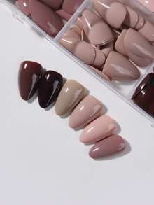 180片（6种混合色）亮面杏仁形亚克力美甲贴片，杏色、中东紫红色、棕色，完美适用于短指甲。棕色贴片让您的指尖闪耀动人光泽。套装包含：1瓶果冻胶和1把指甲锉。适合派对、舞蹈和日常使用。美甲用品 - 彩色 - 查看 2