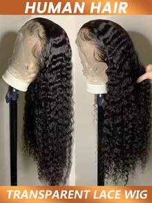 深波浪蕾丝前假发，真人发，180%密度，13x4透明预拔毛深卷假发，带婴儿发，女士真人发假发 - Natural Black - 查看 6