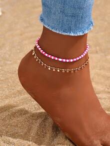 Bộ 2 chiếc vòng chân kiểu khu nghỉ dưỡng biển, màu hồng, đính hạt cườm, dây xích đồng hình đĩa (Tránh tiếp xúc với nước) - Màu Hồng Tươi - Xem 4
