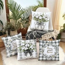 4pcs Simple Plaid & Floral Print Pillow Covers [Single-Sided Print], 17.7*17.7in(45*45cm)/19.69*19.69in(50*50cm)/15.75*15.75in(40*40cm), Spring Black & White Plaid White Floral Cushion Covers For Home, Sofa, Bedroom, Car Decor [Pillow Insert Not Included], Suitable For Daily Use, Home Decoration, Minimalist Style - Multicolor - View 6
