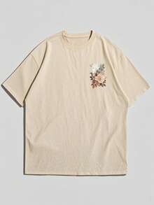 男士东方绘画花卉印花休闲圆领短袖上衣 - 杏色 - 查看 7