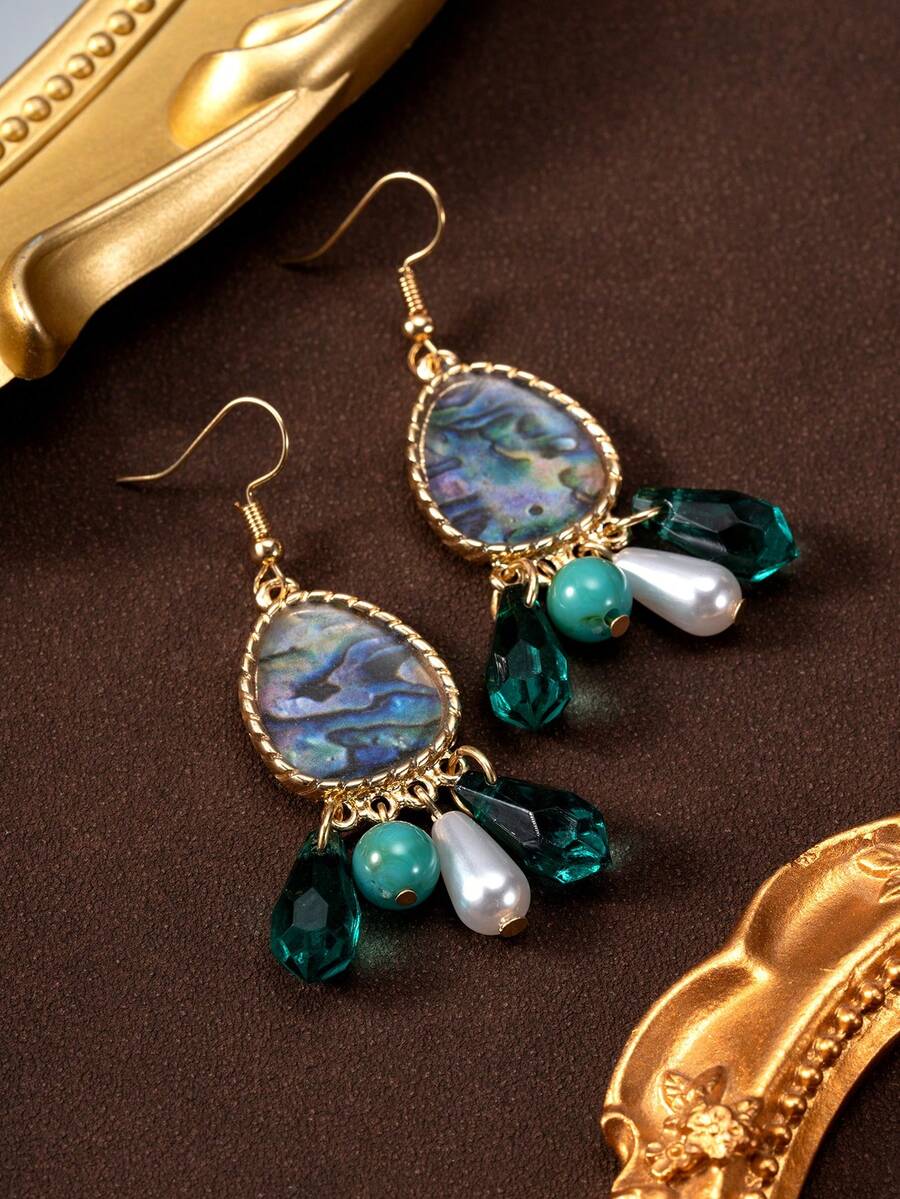 一对时尚海洋元素几何仿珍珠鲍鱼纹理薄荷绿水滴流苏耳环，独特设计 - 金黃色 - 查看 1