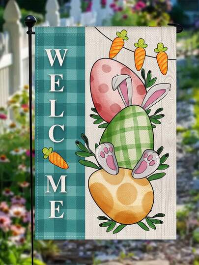 Bandeira de boas-vindas para jardim com tema de Páscoa (1 peça), apresentando ovos empilhados, orelhas/patas de coelho, cenouras, com borda xadrez verde e a palavra "BEM-VINDO". Estilo fresco e vibrante, ideal para varanda, quintal e decoração externa.