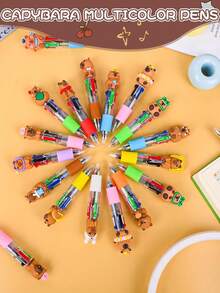 24支装水豚四色圆珠笔套装，派对礼品，多色笔套装，卡通风格可爱四合一按动式圆珠笔，水豚造型圆珠笔，节日派对、生日礼物的理想之选 - 彩色 - 查看 2