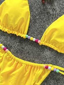 Sexy Yellow Beaded Bikini Set | Must-Have For Valentine's Day Date | Alluring Camisole Top + Playful Swim Bottoms, Decorated With Colorful Accents | Perfect For Beach Vacation And Pool Party - Yellow - View 7