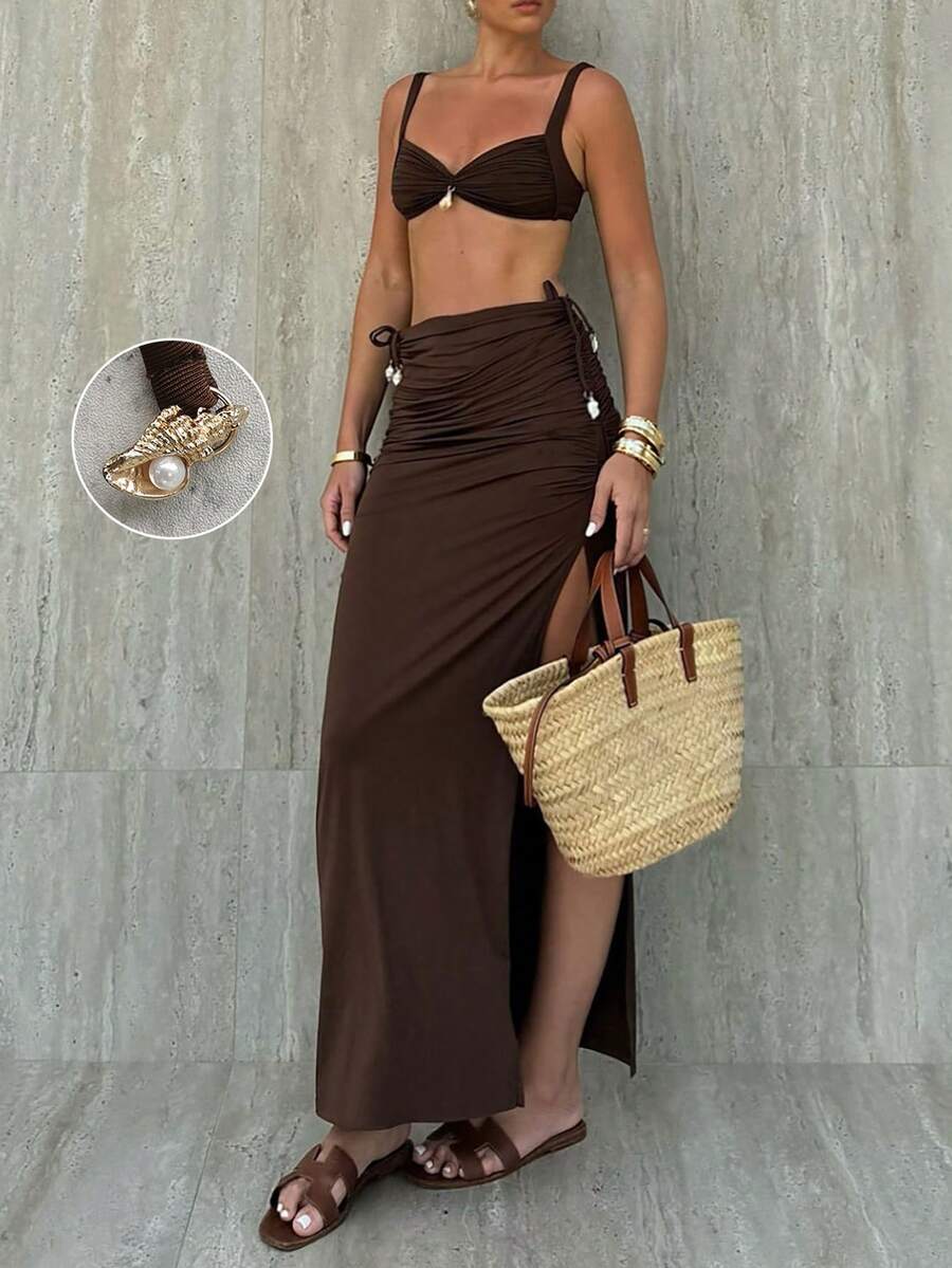 Women's 3 PiecesVacation Set: Elegant Metallic Seashell Brown Ruched Swimsuit With Side Slit Strap Dress - Brown - View 1