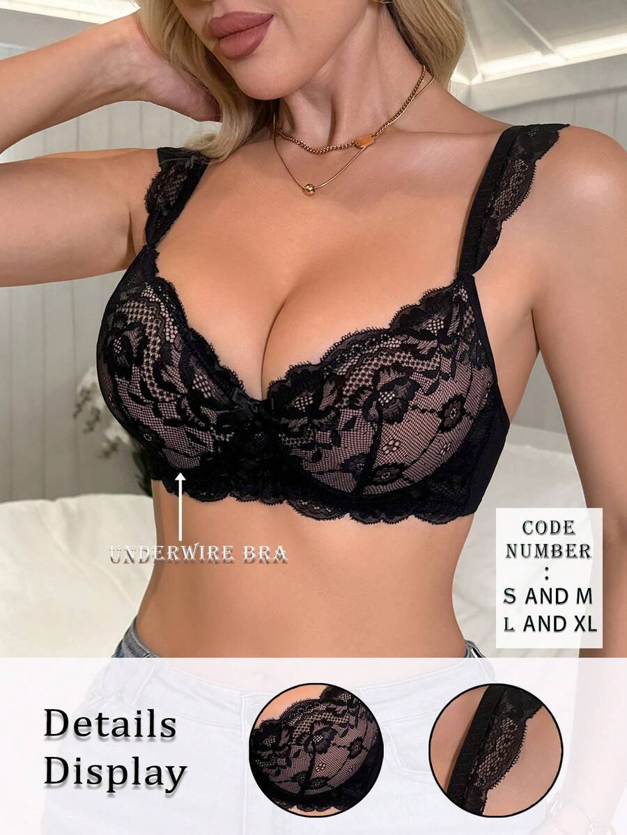 1pc Sexy Lace Semi-Sheer Back Hook Closure Women's Underwire Bra - Black - View 1