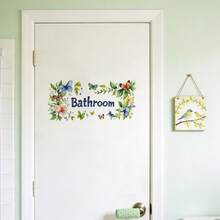 2片装大尺寸浴室墙贴，水彩蝴蝶花环紫色花朵图案，印有“浴室”字样，自粘防水PVC乙烯基材质，适用于卫生间、浴室门等家居装饰，可移除艺术壁画，适用于客房、公寓改造和日常生活美化。 - 牆貼 - 查看 5