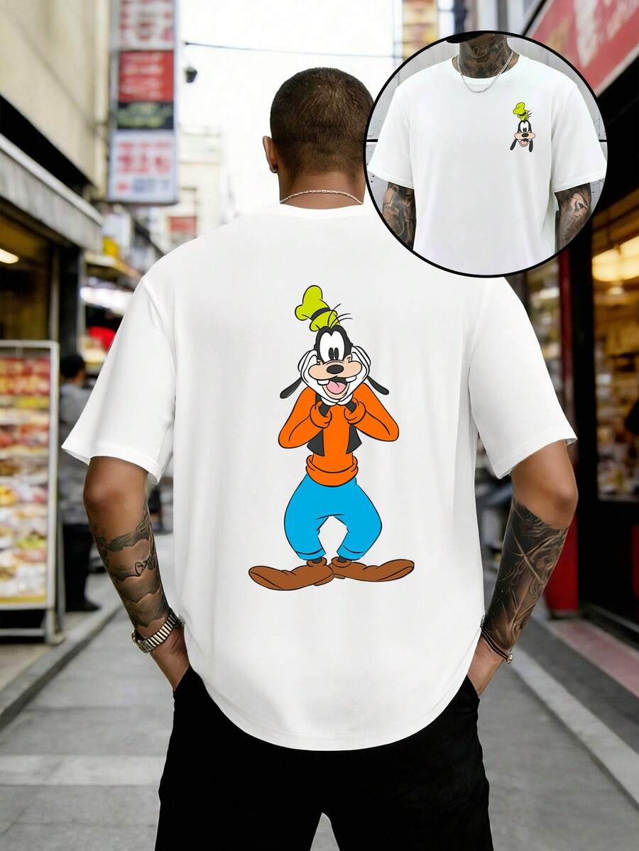 Disney Men's Summer T-Shirt, Round Neck, Short Sleeves, Double-Sided Print With Goofy Design. - White - View 1