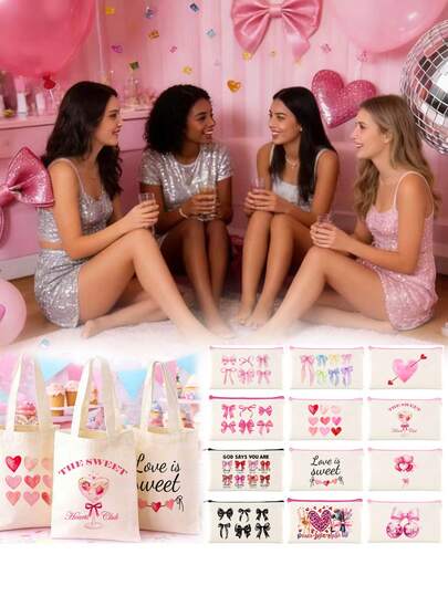 S/M/L Multiple Sizes Available, Canvas Large Capacity Pink Theme Party Gift Tote Bag, Gift Packaging Bag, Party Favor Organizer Set, Watercolor Heart, Bow, Cherry, Strawberry, Rainbow, Star Pattern Printed Shopping Bag