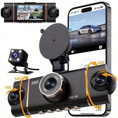 Cámara de salpicadero de 4 canales con vista de 360°, 1080P frontal y trasera interior, cámara de salpicadero izquierda y derecha para automóviles, 8 lámparas IR para visión nocturna, 5G WiFi y control de aplicación, sensor G, modo de estacionamiento (150mAh)