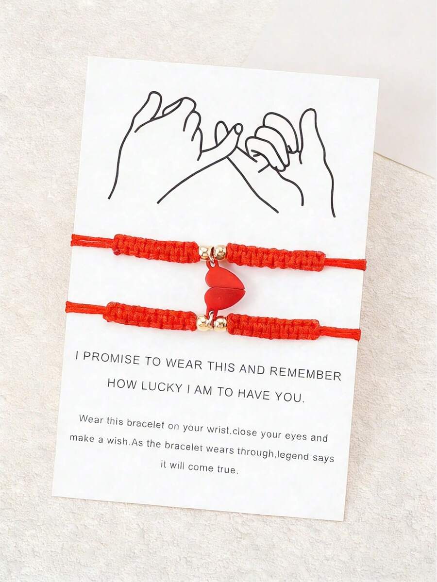 2条/套磁性心形情侣手链，适合情人节爱情手链 - 紅色 - 查看 1