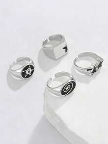 4件套 时尚朋克风螺旋星形戒指，男女皆宜，适合青少年和成人日常休闲佩戴 - 銀色 - 查看 3