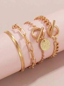 4件套金属朋克风手链套装，扁平蛇骨链项链，嘻哈风可调节叠戴手链，适合日常佩戴和派对，是送给亲朋好友的理想礼物 - 金色 - 查看 2