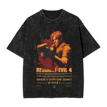 Resident Evils Washed T Shirts Streetwear T-Shirt Leon S Kennedy Tee Shirt For Men Women Harajuku Graphic Printed - 黑色 - 查看 1