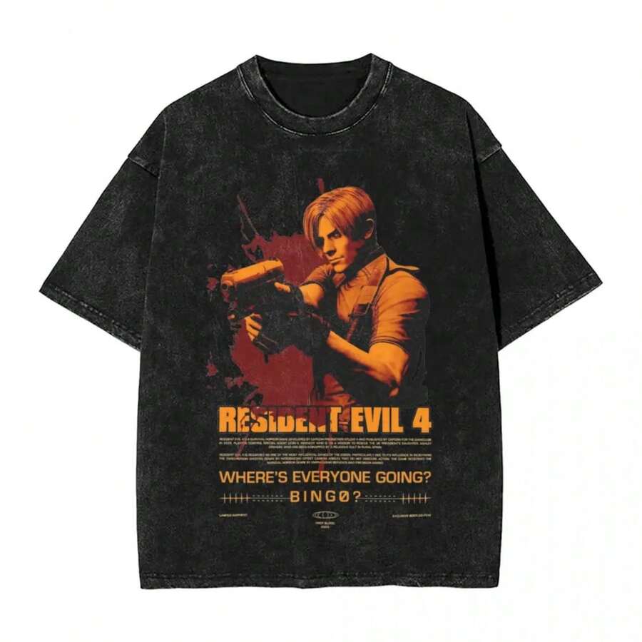Resident Evils Washed T Shirts Streetwear T-Shirt Leon S Kennedy Tee Shirt For Men Women Harajuku Graphic Printed - 黑色 - 查看 1