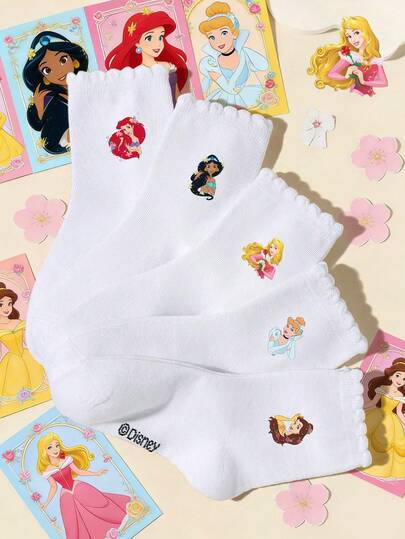  1 Pair Disney Princess Cartoon Pattern Children's Mid-Calf Socks, Soft & Skin-Friendly, Fashionable Lace Trim, Comfortable Breathable Sports Socks, Suitable For Birthday Party, Holiday Gift, School Activities, Stage Performance, Daily Wear