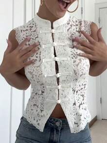 Y2K Women's Lace Stand Up Collar Vest - Off Shoulder Sleeveless Frog Button Fan-Shaped Hem Lace Shirt Top Suitable For Summer Daily Gatherings, Concerts, Vacations, And Parties - 白色 - 查看 8