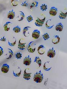 1pc Hot Stamping Exquisite Blue Peacock Gilded Peacock Feather Peacock Spreading Tail Nail Art Stickers 5D Majestic Oriental Nail Decals Self-Adhesive Manicure Accents For Women - Multicolor - View 4