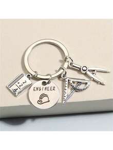 Metal Ruler, Compass, Tool Keychain, Engineer Keyring, Wallet Keychain, Elegant Bag Charm, Creative Christmas Gift - Silver - View 6