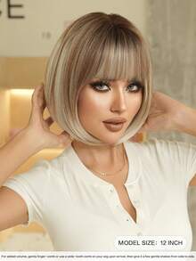 7JHH WIGS 女士短款亚麻金挑染灰色波波头假发，短直发带刘海，全机织耐热假发，适合日常派对、音乐节庆典和角色扮演等场合佩戴，12英寸 - 亞麻金 - 查看 5