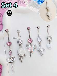 Morlyda 5件套可爱甜美粉色钢制蝴蝶、爱心、花朵肚脐环，不锈钢蛇形十字肚脐环，亚克力星星吊坠肚脐环，闪电肚脐环，猫咪肚脐环，适合女性和女孩，可用于情人节、圣诞节、日常佩戴、派对、度假、聚会等场合。 - 粉色 - 查看 11