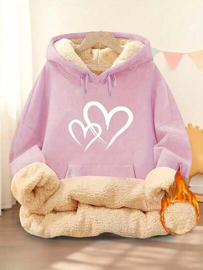 Sudadera holgada de mujer estilo casual con estampado de corazones, tela afelpada gruesa, capucha, manga larga, invierno, uso diario/deportivo
