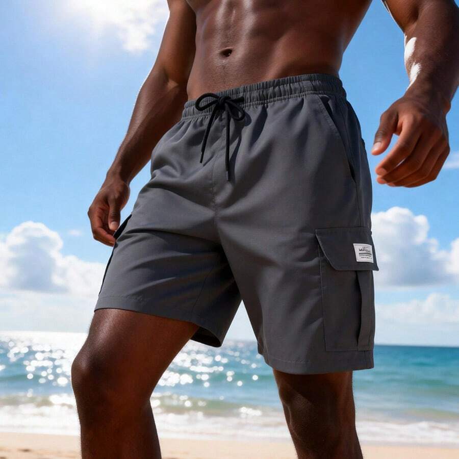 男士松紧腰抽绳夏季工装休闲短裤，带大口袋 - 灰色 - 查看 1