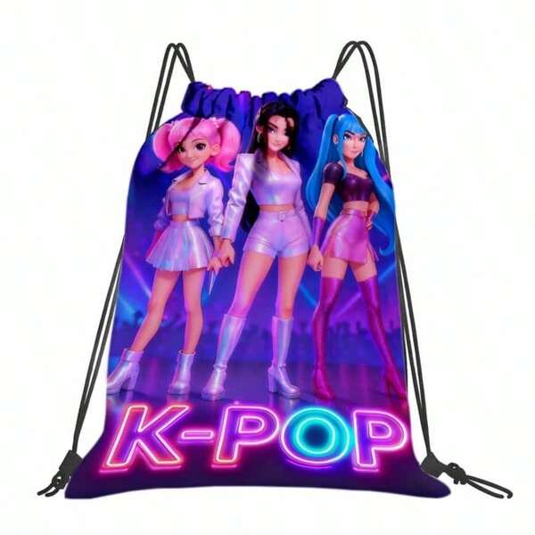 Mochila con cordón con estampado de dibujos animados K-Pop - Mochila estilo academia gótica, bolsa de gimnasio con tema de grupo de ídolos, plegable, bolsa con cordón, bolsa de natación, ligera, gran capacidad, almacenamiento de zapatos, bolsa deportiva 40cm*33cm