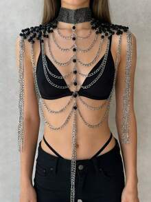 1pc Gothic Style Sexy Black Spaghetti Strap Metal Tassel Chain Body Chain, Luxury Shoulder Chain, Fashion Queen Party Outfit - Black - View 4