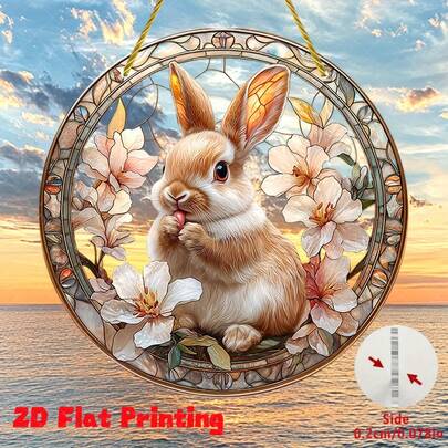 2D平面印刷，单件装，可爱兔子，光线捕捉器，彩绘窗饰，墙面装饰，卧室客厅厨房室内装饰，庭院装饰，趣味家居装饰，乔迁礼物，窗饰，乔迁礼物，可爱兔子设计，奇幻艺术品，高品质印刷，塑料印刷，兔子墙饰，装饰挂件，节日装饰，动物爱好者