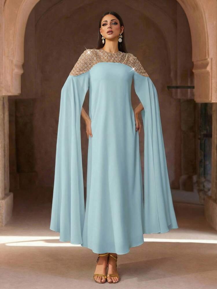 优雅白色长袖卡夫坦长袍，饰以精致串珠，奢华长款阿巴雅，端庄得体，阿拉伯风格女式长袍。 - 淺藍色 - 查看 6
