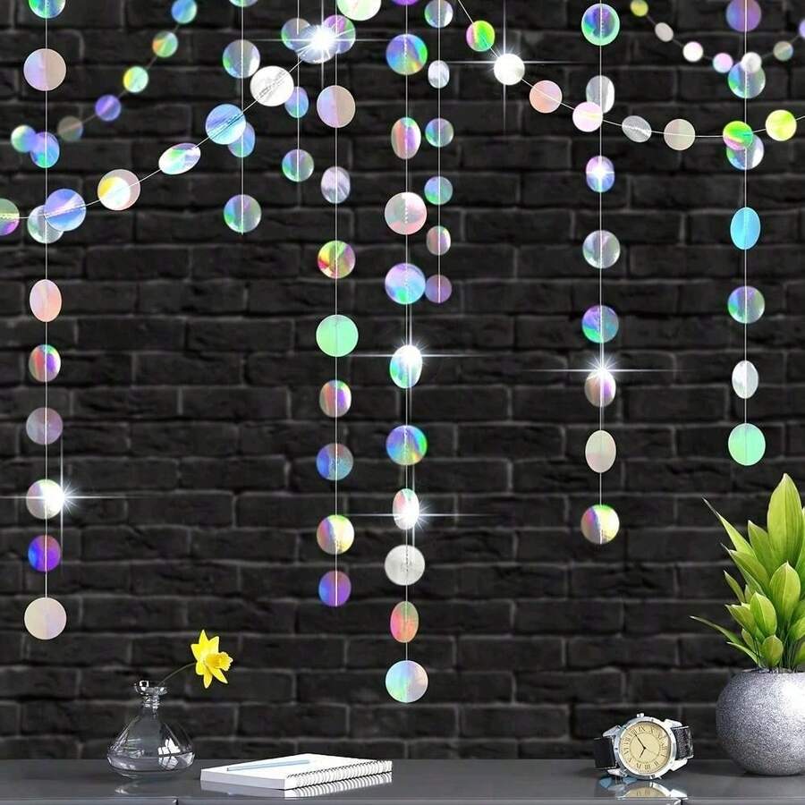 4pcs 53ft Holographic Iridescent Circle Garland - No DIY | Disco Theme Hanging Garland For Party Decorations - 彩色 - 查看 1