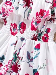 女孩夏季度假风吊带蝴蝶结荷叶边下摆短款连体裤，搭配喇叭裙 - 白色 - 查看 4