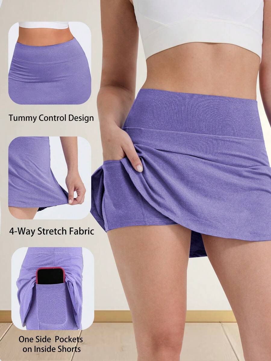 Plus Size Women Sports Skirt Shorts With Pockets, Comfortable Breathable Elastic Casual Versatile Skort For Spring/Summer, Suitable For Running, Fitness, Tennis