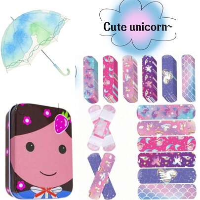 50/36/30/20 片装，包含 6 片独立包装的透气创可贴，柔软舒适，色彩鲜艳，印有可爱的卡通独角兽图案，防水。可选铁盒包装或独立包装。适用于手足护理，经久耐用，也可作为身体防护贴使用！设计可爱，也适合派对装饰。