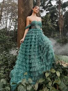 Faeriesty Elegant Layered Ruffle Mesh Overlay Pleated Formal Evening Gown - Dark Green - View 4
